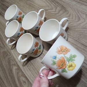 70's Corning Cornerstone Vintage Royal Garden 6 Piece Ceramic Mug Set Floral VTG